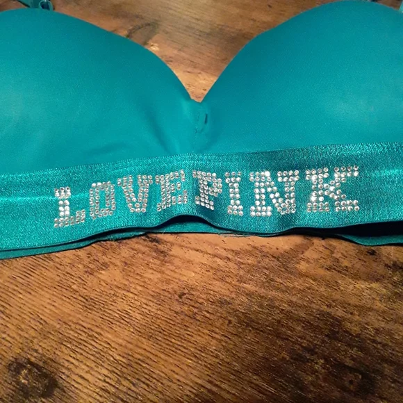 Pink VICTORIA'S SECRET teal W/ Pink Bling 38B Padded underwire Gorgeous Push Up - Picture 5 of 13